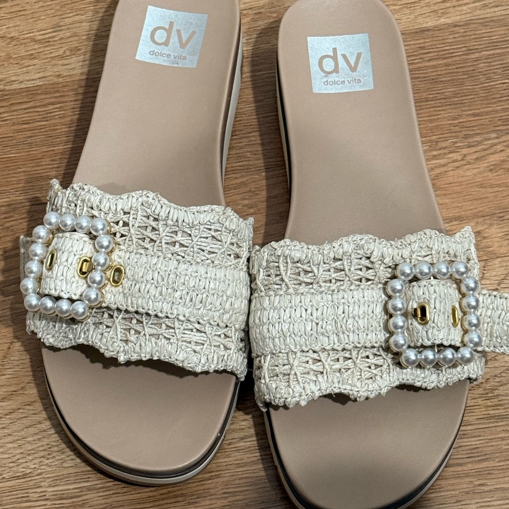 Dolce Vita Cream Raffia Slide Sandals with Pearl Buckles